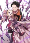  1boy 1girl :d beatrice_(re:zero) blonde_hair blue_eyes capelet carrying commentary_request crown dress grin hair_ribbon highres jacket kotarou_(kotakota_ee) long_hair looking_at_viewer mini_crown natsuki_subaru open_mouth pants pantyhose pink_ribbon re:zero_kara_hajimeru_isekai_seikatsu ribbon shoes short_hair sidelocks smile striped striped_legwear symbol-shaped_pupils teeth tongue v 