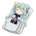  1girl :3 blanket blush_stickers chibi commentary futon girls&#039;_frontline green_hair hat holding_picture korean_commentary long_hair micro_uzi_(girls&#039;_frontline) mod3_(girls&#039;_frontline) nightcap pajamas pillow sidarim simple_background sleeping solo twintails uwu white_background zzz 
