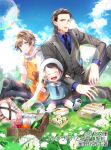  3boys :d apron araragi_soushi black_pants blue_sky bottle brown_eyes brown_hair bubble child closed_eyes cloud cover cover_page day facing_viewer flower food formal fruit hand_on_another&#039;s_arm hat highres hood hood_down male_focus multiple_boys necktie novel_cover official_art outdoors pants picnic picnic_basket plate sandwich shoes sitting sky smile striped_suit suit watermark white_headwear yaoi 