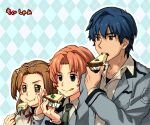  +_+ 1girl 2boys :&gt; :q :t amachi_shouta argyle argyle_background bangs blue_hair brown_hair cake cake_slice cheesecake collared_shirt dress_shirt eating food food_wrapper fork green_necktie grey_jacket hair_ornament hairclip hand_on_own_cheek hand_on_own_face height_difference holding holding_food holding_fork jacket long_sleeves looking_afar mole mole_under_eye multiple_boys neck_ribbon necktie nishii_(pixiv4603624) nishimoto_haruhi one_side_up portrait red_hair red_ribbon ribbon school_uniform shiba_katsumi shirt short_hair side-by-side smile tokimeki_memorial tokimeki_memorial_girl&#039;s_side_2nd_kiss tongue tongue_out undershirt upper_body white_shirt x_hair_ornament 