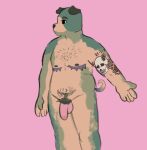  anthro balls canid canine canis domestic_dog genitals hi_res male mammal molosser nude penis pink_background pubes pug simple_background small_molosser solo tattoo toy_dog 