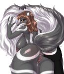  anthro anus big_breasts big_butt breasts brown_hair butt butt_grab female fur genitals hair hand_on_butt hi_res looking_at_viewer looking_back looking_back_at_viewer mammal mephitid multicolored_body multicolored_fur pussy reina. skunk two_tone_body two_tone_fur 