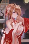  1girl azur_lane bangs bare_shoulders blonde_hair blue_eyes blush breasts chinese_clothes cleavage dress flower glorious_(azur_lane) glorious_(pungent_plum)_(azur_lane) hair_flower hair_ornament hair_stick highres large_breasts long_hair official_alternate_costume open_clothes red_dress revealing_clothes solo wide_sleeves xifanqvq 