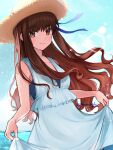  1girl alternate_costume bangs breasts brown_eyes brown_hair dress fate/extra fate_(series) hat highres kishinami_hakuno_(female) long_hair matsui_haru sleeveless sleeveless_dress small_breasts smile straw_hat sun_hat sundress white_dress 