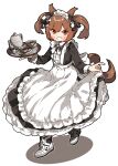  1girl alternate_costume amonitto animal_ears apron bangs black_dress blush brown_eyes brown_hair collared_dress cup dress enmaided full_body grin high_tops highres holding holding_tray horse_ears horse_girl horse_tail long_sleeves looking_at_viewer maid maid_apron maid_headdress petticoat saucer shoes skirt_hold smart_falcon_(umamusume) smile sneakers solo tail tea_set teacup teapot tray twintails umamusume white_footwear 