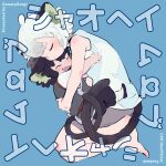  2boys age_comparison animal_ears bare_legs barefoot black_hair black_pants blue_background blush cat_boy cat_ears cat_tail closed_eyes grey_shorts highres hug luoxiaohei multiple_boys okay_okayu pants shirt short_hair short_sleeves shorts simple_background sleeveless sleeveless_shirt tail the_legend_of_luo_xiaohei white_hair 