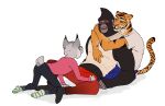  2022 anthro ape biped bisexual black_body black_bottomwear black_clothing black_footwear black_fur black_pants black_socks blep blue_bottomwear blue_clothing blue_pants bluesh blush bottomwear cheek_tuft clothed clothing dipstick_ears elbow_tuft embrace eye_contact facial_piercing facial_tuft felid feline female fist footwear fully_clothed fully_clothed_anthro fully_clothed_female fully_clothed_male fur gorilla green_clothing green_eyes green_footwear green_socks grey_body grey_fur group hand_on_leg hand_on_thigh haplorhine head_tuft hi_res hug illumination_entertainment imminent_sex johnny_(sing) kneeling leaning leaning_back leaning_on_another legwear long_tail looking_at_another lynx male male/female male/male mammal markings midriff multicolored_body multicolored_ears multicolored_fur muscular muscular_anthro muscular_male navel nooshy nose_piercing nose_ring nuzzling open_mouth orange_body orange_fur pantherine pants pattern_clothing pattern_footwear pattern_legwear pattern_socks piercing pink_clothing pink_nose pink_shirt pink_tongue pink_topwear primate red_bottomwear red_clothing red_pants ryan_(sing) shirt short_tail simple_background sing_(movie) slim slim_female smile socks spread_legs spreading striped_clothing striped_footwear striped_markings striped_socks striped_tail stripes tail_markings tank_top tiger tongue tongue_out topwear trio tuft tufted_ears two_tone_body two_tone_fur white_background white_body white_clothing white_footwear white_fur white_shirt white_socks white_tank_top white_topwear 