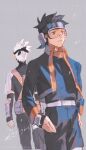  2boys back black_hair closed_mouth commentary_request daylight919 detached_sleeves forehead_protector from_behind goggles hands_on_hips hatake_kakashi highres jacket konohagakure_symbol looking_to_the_side male_focus mask mouth_mask multiple_boys naruto naruto_(series) pants short_hair uchiha_obito white_hair younger 