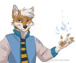  2022 5_fingers anthro canid canine clothed clothing digital_media_(artwork) fingers hair koul male mammal simple_background smile solo white_background white_hair 