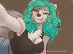  2022 anthro breasts canid canine canis clothed clothing digital_media_(artwork) domestic_dog female fur green_eyes green_hair hair koul mammal solo white_body white_fur 