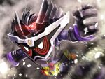  1boy armor black_armor bursting bursting_from_ground commentary_request driver_(kamen_rider) gamer_driver glowing glowing_eyes god_maximum_gamer_level_billion highres kamen_rider kamen_rider_ex-aid_(series) kamen_rider_genm lee_brocco male_focus mecha purple_armor spiked_hair tokusatsu 