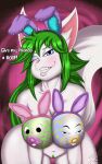  anthro areola big_breasts big_butt blue_eyes blush breasts butt canid canine clitoris clothing easter easter_breasts easter_bunny easter_egg erec_nipple female fox fur g4rron genitals green_hair hair hi_res holidays looking_at_viewer mammal navel nipples one_eye_closed paladins pink_nose pubes pussy salt_(paladins) simple_background smile solo text thick_thighs tight_clothing white_body white_fur 