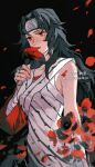  1girl arm_wrap bare_shoulders black_hair breasts closed_mouth cowboy_shot daylight919 flower forehead_protector highres holding holding_flower konohagakure_symbol long_hair looking_to_the_side medium_breasts naruto naruto_(series) petals red_eyes red_flower red_lips red_rose rose solo web_address yuuhi_kurenai 