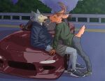  2022 absurd_res anthro anthro_on_anthro antlers beastars bent_over bodily_fluids bottomwear canid canine canis car cervid clothed clothing cloud crossover duo eyebrows eyes_closed ffog footwear fur furgonomics hi_res hoodie horn initial_d kissing legoshi_(beastars) louis_(beastars) male male/male mammal open_mouth outside pants plant road saliva saliva_string shadow shirt shoes shorts sitting sky standing tail_clothing teeth tongue topwear tree tuft vehicle wolf 