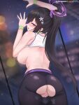  1girl against_glass anus ass bangs bare_arms bare_shoulders black_hair black_pants blue_archive blush breasts censored from_behind hair_ornament hair_scrunchie halo heart heart_censor highres large_breasts long_hair looking_at_viewer looking_back nipples pants parted_lips ponytail purple_eyes purple_scrunchie pussy rebe11 scrunchie shirt shun_(blue_archive) sleeveless solo white_shirt window wristband 