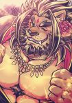  1boy animal_ears animal_nose bara barong_(housamo) blue_eyes chest_hair clothes_pull colored_sclera commentary_request ear_piercing facial_mark fangs fangs_out flower forehead_mark furry furry_male gold_trim hair_intakes jewelry large_pectorals lion_boy lion_ears male_focus muscular muscular_male necklace nipples nose_piercing one_eye_closed pectorals piercing portrait rose sharp_teeth signature simple_background smile snout solo sparkle spiked_hair teeth thick_eyebrows tokyo_afterschool_summoners yellow_sclera zinpatink 