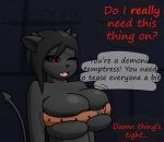  anthro belt belt_bra big_breasts black_body black_fur black_hair black_sclera breasts clothed clothing demon dialogue dialogue_box english_text fangs female fur hair hi_res horn mammal offscreen_character open_mouth partially_clothed red_eyes solo somnax spade_tail text 
