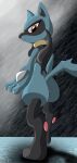  absurd_res anthro anus blue_body claws claws_out female fur genitals hi_res kirtapsart looking_back nintendo paws pok&eacute;mon pok&eacute;mon_(species) pussy rear_view riolu shadow sharp_claws simple_background solo spikes video_games 