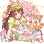  2girls :d ahoge alternate_costume amber_(genshin_impact) animal_ears arm_support bangs baron_bunny_(genshin_impact) bow brown_eyes brown_hair calligraphy_brush commentary_request dress easter easter_egg egg eyebrows_visible_through_hair fake_animal_ears flower frilled_dress frills genshin_impact gloves hair_between_eyes hair_flower hair_ornament hat hat_bow hat_ornament hat_ribbon highres holding holding_brush indian_style jumpy_dumpty karanashi_mari klee_(genshin_impact) light_brown_hair lolita_fashion long_hair looking_at_another low_twintails multiple_girls orange_eyes paintbrush palette_(object) pink_dress pointy_ears puffy_short_sleeves puffy_sleeves rabbit_ears ribbon short_sleeves sidelocks sitting smile spread_legs stuffed_animal stuffed_bunny stuffed_toy top_hat trait_connection twintails white_gloves 
