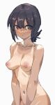  1girl black_eyes black_hair bow_(bhp) breasts closed_mouth completely_nude hair_bun inverted_nipples looking_at_viewer medium_breasts nipples nude one-piece_tan original perky_breasts simple_background solo tan tanlines white_background 