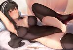  1girl arm_up armpits artist_name bed_sheet black_hair black_legwear black_swimsuit blush breasts closed_mouth covered_navel dagger frilled_legwear frilled_swimsuit frills from_side hairband high_heels highres kimoshi knife lace-trimmed_swimsuit lace_trim large_breasts leg_up lying on_back pillow red_eyes red_footwear solo spy_x_family strapless strapless_swimsuit sweat swimsuit thighhighs thighs weapon yor_briar 