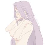 1girl absurdres adjusting_hair arms_up banned_artist breasts completely_nude facial_mark fate/stay_night fate_(series) forehead_mark glasses highres large_breasts light_smile long_hair looking_at_viewer looking_to_the_side medusa_(fate) medusa_(rider)_(fate) mo_(kireinamo) nipples nude purple_eyes purple_hair simple_background sketch solo straight_hair sweat upper_body white_background 