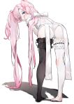  1girl ass bent_over black_legwear blue_eyes copyright_request from_behind highres leg_garter long_hair looking_at_viewer looking_back nail_polish neko_(ganecooo) pale_skin panties pigeon-toed pink_hair red_nails ribbon simple_background single_thighhigh solo thighhighs toenail_polish toenails twintails underwear very_long_hair white_background white_panties white_ribbon 