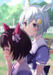  2girls :d ^_^ animal_ears black_bow black_hair blue_eyes blue_shirt blue_sky bow closed_eyes closed_mouth cloud commentary_request day fence flower fuji_fujino grey_hair hair_flower hair_ornament hairband hairclip hand_up highres horse_ears multiple_girls nishino_flower_(umamusume) outdoors pink_hairband pleated_skirt puffy_short_sleeves puffy_sleeves seiun_sky_(umamusume) shirt short_hair short_sleeves skirt sky smile umamusume upper_body white_skirt yellow_flower 