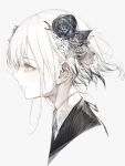  1girl absurdres bangs closed_mouth flower from_side greyscale hair_flower hair_ornament hair_ribbon highres hito_komoru looking_away monochrome original portrait profile ribbon short_hair simple_background solo white_background 