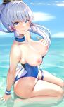  1girl ass bangs blue_eyes blue_sky blue_swimsuit blunt_bangs blush breasts breasts_out chinese_commentary closed_mouth clothes_pull collarbone floating_hair from_side genshin_impact hair_ornament hair_ribbon hand_on_own_chest highres kamisato_ayaka large_breasts long_hair niduannowu nipples partially_submerged ponytail ribbon silver_hair sitting sky solo swimsuit swimsuit_pull thigh_strap thighs tress_ribbon wariza water wristband 