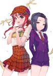  2girls absurdres black_eyes black_hair blue_eyes box corette gemini_sunrise gift highres holding holding_box jacket kujou_subaru multiple_girls necktie orange_headwear orange_skirt plaid plaid_headwear plaid_skirt purple_jacket purple_shorts red_hair red_necktie ribbon sakura_taisen sakura_taisen_v shirt shorts skirt smile white_shirt yellow_ribbon 