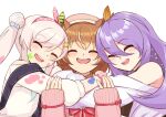  3girls :d airani_iofifteen animal_ears ayunda_risu blush bow bowtie brown_hair cardigan facing_viewer fingernails grey_hair hairband hat hololive hololive_indonesia hug long_hair long_sleeves lutherniel medium_hair moona_hoshinova multiple_girls nail_polish off-shoulder_shirt off_shoulder one_side_up open_mouth overalls paint_splatter paint_splatter_on_face pink_cardigan pink_headwear pink_nails polka_dot_hairband purple_hair red_bow red_bowtie round_teeth shirt side_bun smile squirrel_ears teeth upper_teeth white_shirt 