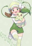  1girl alternate_color alternate_costume brown_eyes brown_hair chikorita crossed_arms green_background green_headwear green_legwear happy highres holding leg_up looking_at_viewer lyra_(pokemon) open_mouth overalls pokemon pokemon_(creature) pokemon_(game) pokemon_hgss pumpkinpan ribbon shirt short_twintails smile twintails vine_whip white_footwear white_ribbon white_shirt 