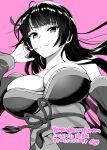  1girl breasts closed_mouth detached_sleeves greyscale_with_colored_background hand_up highres hime_cut japanese_clothes kimono kojima_saya large_breasts long_hair long_sleeves looking_at_viewer maken-shi_no_maken_ni_yoru_maken_no_tame_no_harem_life obi pink_background rope_belt sash simple_background smile solo 