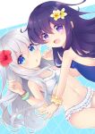  2girls akatsuki_(kancolle) bikini black_hair blue_eyes blue_swimsuit breasts commentary_request cowboy_shot flower frilled_bikini frills hair_flower hair_ornament hibiki_(kancolle) highres kantai_collection long_hair looking_at_viewer multiple_girls purple_eyes silver_hair small_breasts swimsuit tsukimochikuriko_(tsukimochi_k) upper_body white_bikini 