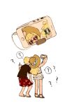  1boy 1girl ? arm_support black_shirt blonde_hair brother_and_sister cellphone cup floral_print gladion_(pokemon) hat hat_ribbon heart heart-shaped_eyewear holding holding_cup lillie_(pokemon) phone pokemon pokemon_(game) pokemon_sm ribbon sandals sarami_(sa_rami30) selfie selfie_stick shirt siblings star-shaped_eyewear sunglasses 