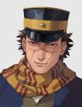  1boy black_hair brown_eyes golden_kamuy hat jacket looking_at_viewer male_focus military_hat portrait scar scarf simple_background smile solo sugimoto_saichi zoo_(oukakumaku) 