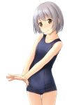  1girl blue_swimsuit bob_cut brown_eyes cowboy_shot flat_chest highres old_school_swimsuit original school_swimsuit shibacha short_hair silver_hair simple_background solo swimsuit thigh_gap white_background 