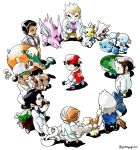  1girl 6+boys augustine_sycamore aurea_juniper azurill backwards_hat baseball_cap beard birch_(pokemon) black_gloves black_hair black_pants blue_pants blue_vest briefcase brown_hair brown_pants buneary buttons chibi cinccino commentary_request cubone cufant cutiefly dark-skinned_male dark_skin facial_hair fingerless_gloves gloves grey_jacket grey_vest hair_bun hand_up hat jacket kukui_(pokemon) labcoat long_sleeves lotad marill minccino multiple_boys munchlax necktie nidoran nidoran_(female) nidorino pants parted_lips pikachu pokemon pokemon_(creature) pokemon_(game) pokemon_bw pokemon_dppt pokemon_rgby pokemon_rse pokemon_sm pokemon_swsh pokemon_xy pokeyugami purple_shirt red_(pokemon) red_necktie retro_artstyle rockruff rose_(pokemon) rowan_(pokemon) samuel_oak sandals shirt shoes short_hair skiddo standing sunglasses twitter_username vest white_shirt wooper 