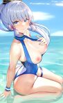  1girl ass bangs blue_eyes blue_sky blue_swimsuit blunt_bangs blush breasts breasts_out chinese_commentary closed_mouth clothes_pull floating_hair from_side genshin_impact hair_ornament hair_ribbon hand_on_own_chest highres kamisato_ayaka large_breasts long_hair niduannowu nipples partially_submerged ponytail ribbon silver_hair sitting sky solo swimsuit swimsuit_pull thigh_strap thighs tress_ribbon wariza water wristband 