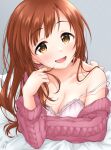  1girl :d argyle argyle_sweater bed_sheet blush breasts brown_hair camisole cleavage collarbone funxy_k grey_background hair_twirling highres idolmaster idolmaster_cinderella_girls igarashi_kyoko jacket looking_at_viewer lying on_stomach pink_jacket simple_background smile solo straight_hair strap_slip sweater sweater_jacket 