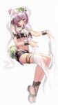  1girl animal_ears arknights bangs bare_legs bare_shoulders bikini black_bikini black_choker bracelet breasts choker commentary eyewear_on_head food fruit highres invisible_chair jewelry lin_yuhsia_(arknights) long_hair medium_breasts mouse_ears navel official_alternate_costume pienahenggou purple_eyes purple_hair sandals simple_background sitting solo stomach sunglasses swimsuit thigh_strap thighs veil watermelon white_background 