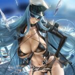  1girl abs akame_ga_kill! bangs banned_artist bikini black_bikini black_hair blindfold blue_eyes blue_hair boots breasts chest_tattoo cleavage esdeath garter_belt garter_straps hair_between_eyes hat holding holding_weapon ice large_breasts long_hair looking_at_viewer military military_hat military_uniform navel open_clothes peaked_cap rapier sakimichan smile solo standing swimsuit sword tattoo thigh_boots thighhighs thighs torn_clothes underwear uniform very_long_hair weapon 