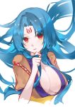  1girl blue_hair breasts closed_mouth facial_mark floating_hair forehead_mark hair_twirling highres large_breasts long_hair looking_at_viewer neko_(ganecooo) red_eyes simple_background solo toushin_toshi_ii upper_body white_background 