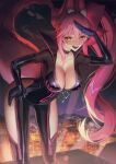  1girl absurdres animal_ear_fluff animal_ears bangs black_bodysuit blush bodysuit bow breasts center_opening choker cityscape cleavage fate/grand_order fate_(series) fox_ears fox_girl fox_tail glasses hair_between_eyes hair_bow highres hip_vent kkuni koyanskaya_(fate) large_breasts leaning_forward long_hair looking_at_viewer night night_sky open_mouth pink_bow pink_hair ponytail sidelocks sky smile solo tail tamamo_(fate) thighs yellow_eyes 