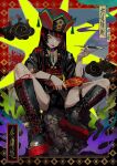  1girl black_choker black_footwear black_hair black_nails boots border bracelet chinese_clothes choker closed_mouth full_body highres holding holding_pipe jewelry kiseru knee_boots lam_(ramdayo) long_hair nail_polish original pipe sitting skull smile solo tongue tongue_out yellow_eyes 