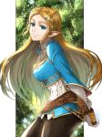  1girl aqua_eyes arms_behind_back bag blonde_hair blue_shirt border braid brown_bag brown_pants closed_mouth commentary_request crown_braid delsaber hair_ornament hairclip holding long_hair looking_at_viewer outside_border pants pillarboxed pointy_ears princess_zelda satchel sheikah_slate shirt smile solo the_legend_of_zelda the_legend_of_zelda:_breath_of_the_wild tree white_border 