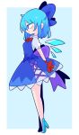  1girl blue_background blue_bow blue_eyes blue_footwear blue_hair blue_skirt blue_vest bow bowtie breasts cirno collared_shirt from_side full_body hair_bow high_heels highres ice ice_wings medium_skirt op_na_yarou puffy_short_sleeves puffy_sleeves purple_bow purple_sash red_bow red_bowtie red_ribbon ribbon sash shirt short_hair short_sleeves skirt skirt_set small_breasts solo touhou vest white_shirt wings wrist_ribbon 