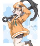  1girl anchor anchor_symbol bike_shorts brown_eyes brown_hair commentary_request cosplay cowboy_shot gakky guilty_gear hat hood hooded_sweater hoodie ikazuchi_(kancolle) kantai_collection looking_at_viewer may_(guilty_gear) may_(guilty_gear)_(cosplay) one-hour_drawing_challenge orange_headwear orange_hoodie oversized_object salute short_hair solo sweater 