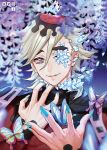  1boy bangs black_hair blonde_hair blue_background blue_butterfly blue_nails blurry bug butterfly depth_of_field dissolving douma_(kimetsu_no_yaiba) fingernails flower hair_between_eyes hands_up ice kimetsu_no_yaiba light_particles long_fingernails long_sleeves looking_at_viewer male_focus medium_hair multicolored_eyes multicolored_hair naive_(day) parted_lips print_hair rainbow_eyes reaching_out red_hair red_shirt sharp_fingernails shirt smile solo streaked_hair text_in_eyes tight tight_shirt turtleneck twitter_username upper_body wisteria 